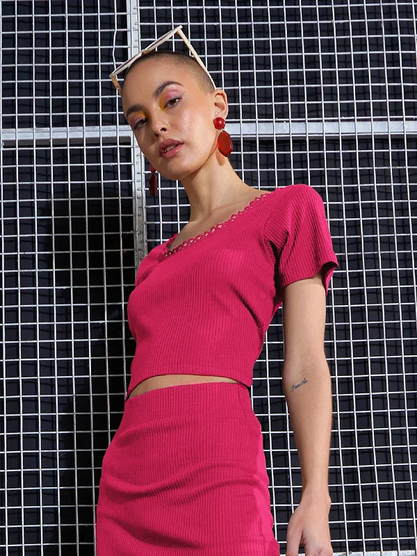 Women Magenta Rib Round Neck Crop Top