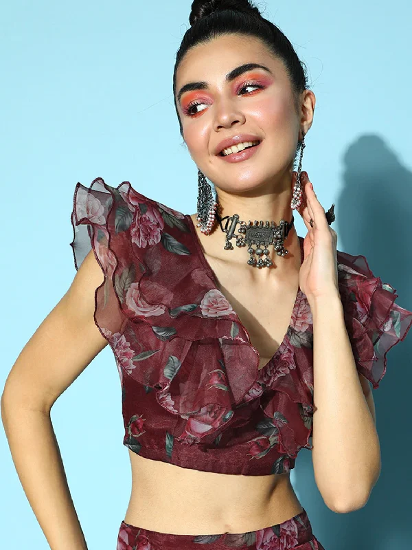 Women Maroon Floral Frill Crop Top