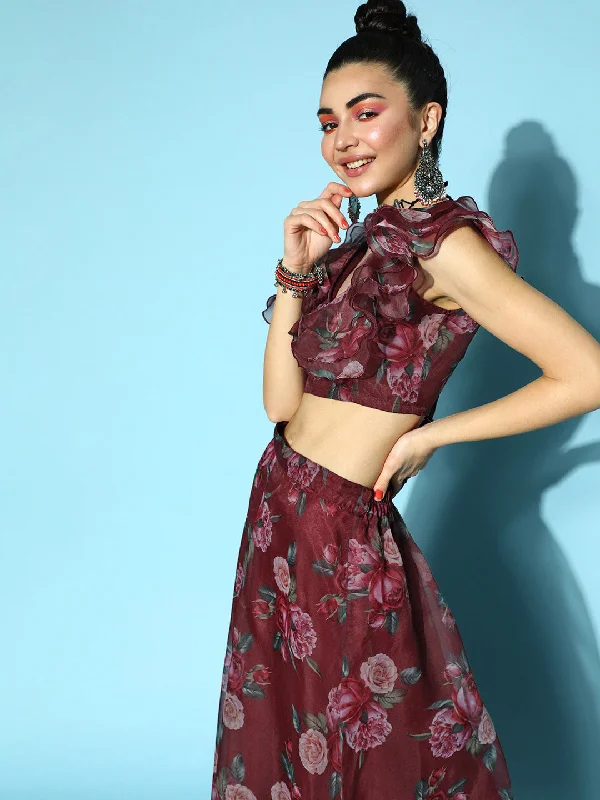 Women Maroon Floral Frill Crop Top