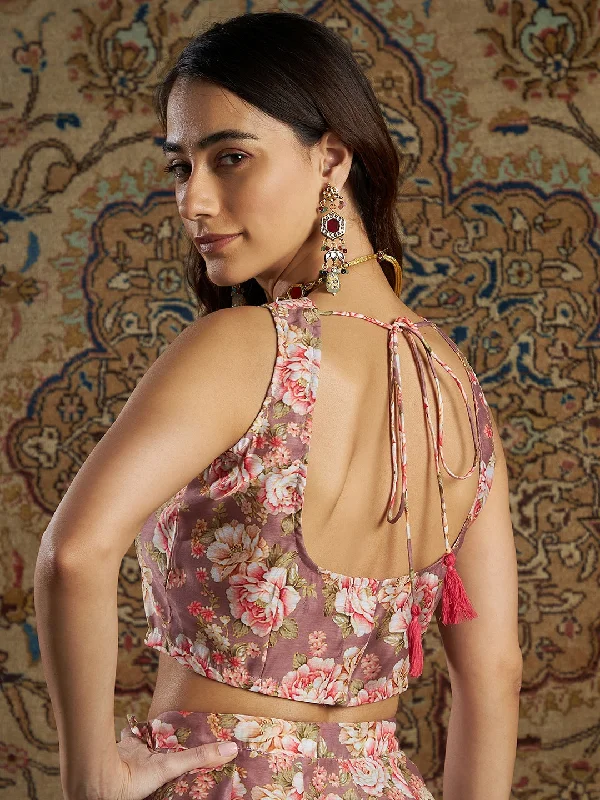 Women Mauve Chanderi Floral Sleeveless Crop Top