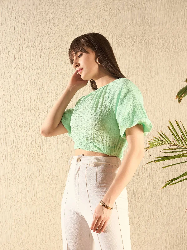 Women Mint Green Balloon Sleeve Boxy Crop Top