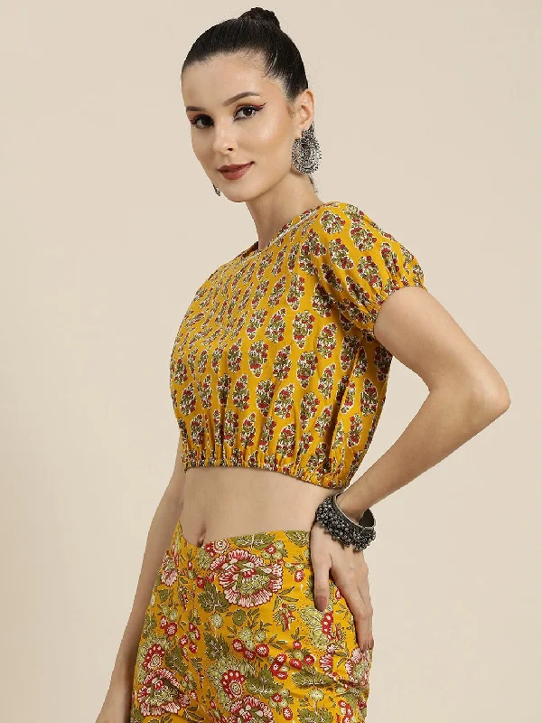 Women Mustard Booti Floral Crop Top