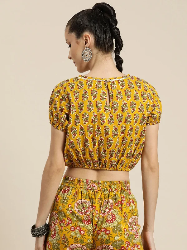 Women Mustard Booti Floral Crop Top