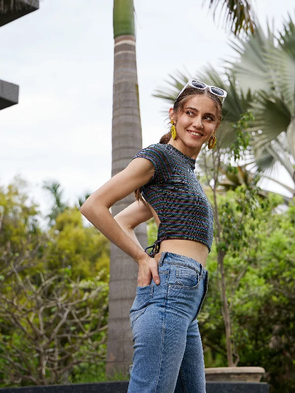 Women Navy Multi Striped Back Cut Out Rib Crop Top