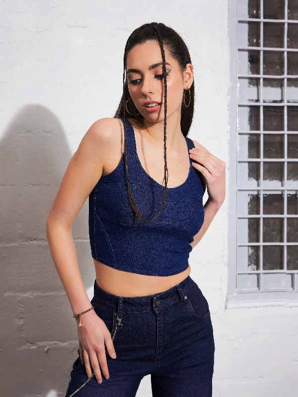 Women Navy Strappy Bustier Crop Top