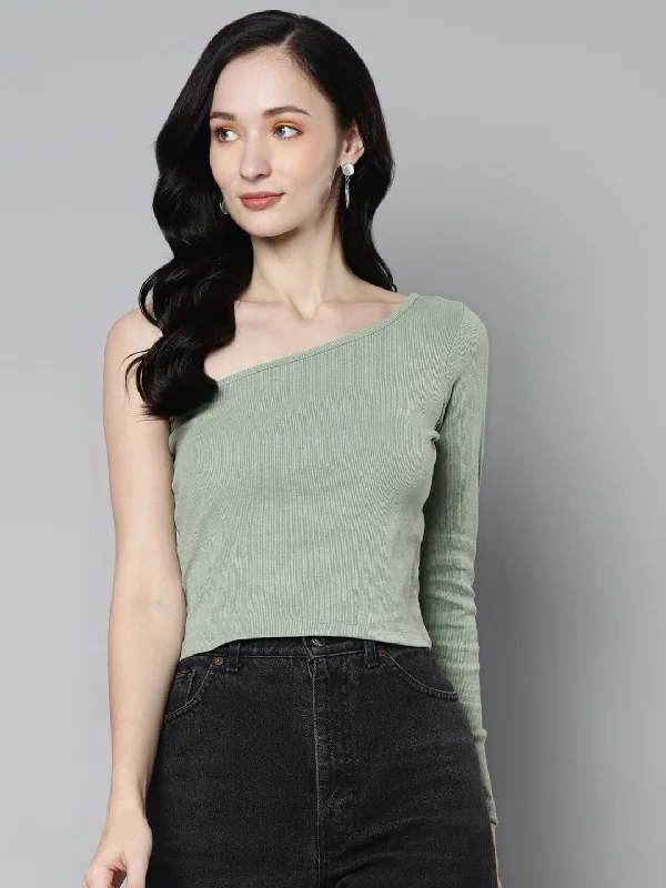 Women Olive Rib One Shoulder Crop Top