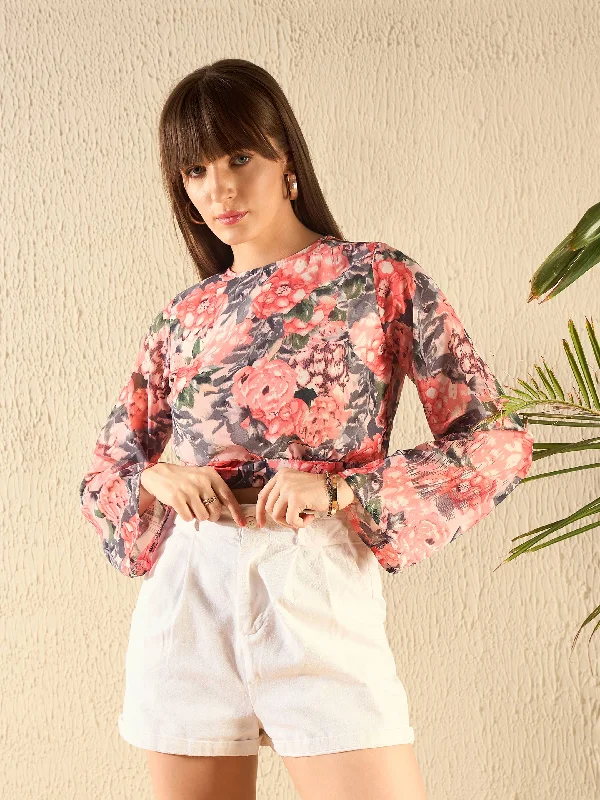 Women Peace Floral Back Tie Knot Crop Top