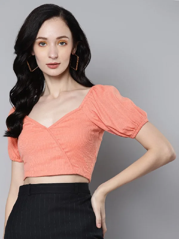 Women Peach Rib Puff Sleeves Crop Top