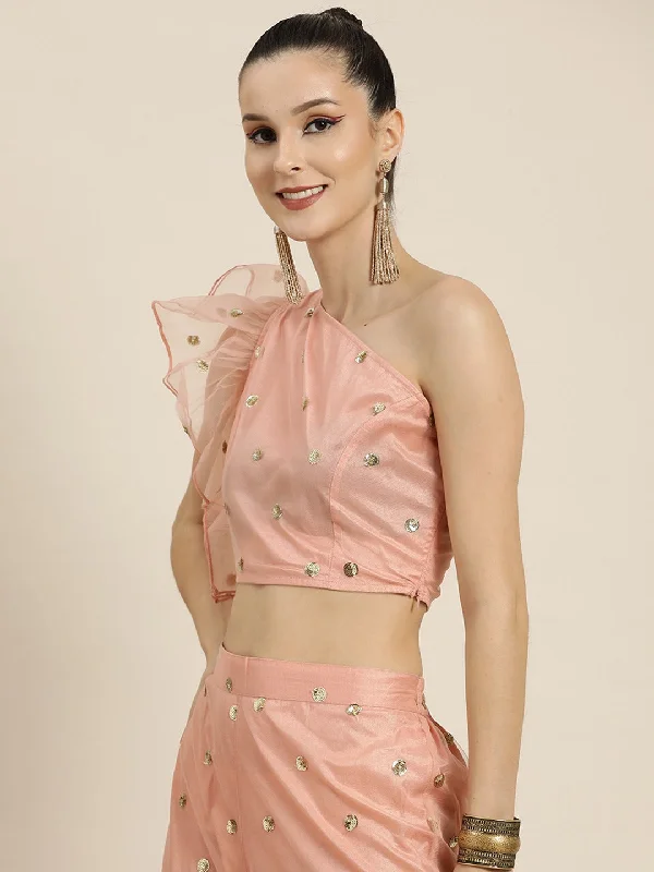 Women Peach Tulle Sequins One Shoulder Crop Top