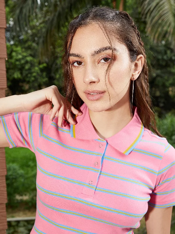 Women Pink & Blue Striped Polo Neck Rib Crop Top