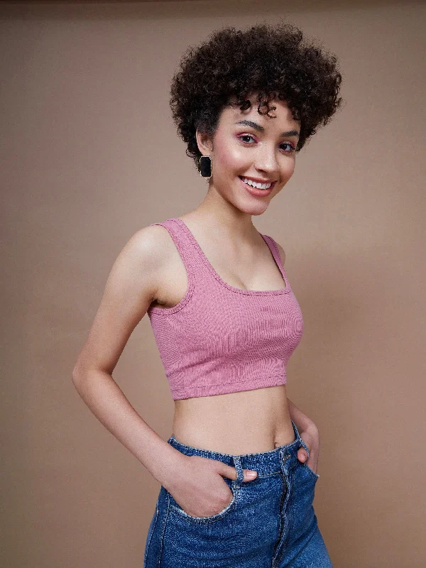 Women Pink Rib Square Neck Cropped Tank Top