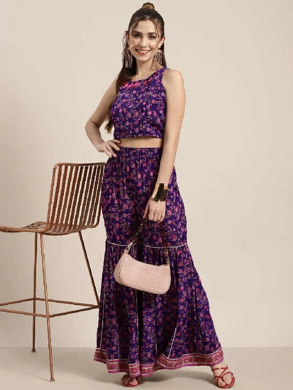 Women Purple Floral Sleeveless Crop Top