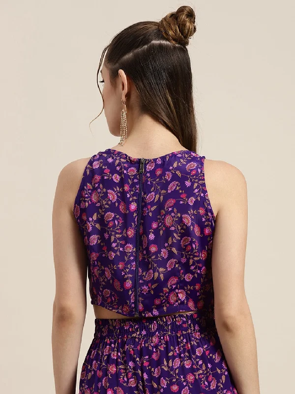 Women Purple Floral Sleeveless Crop Top