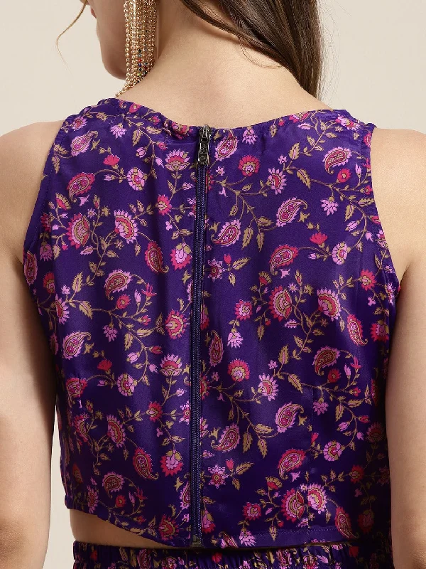 Women Purple Floral Sleeveless Crop Top