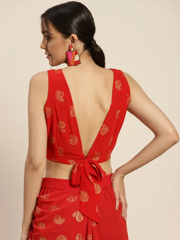 Women Red Foil Print Back Bow Tie Crop Top