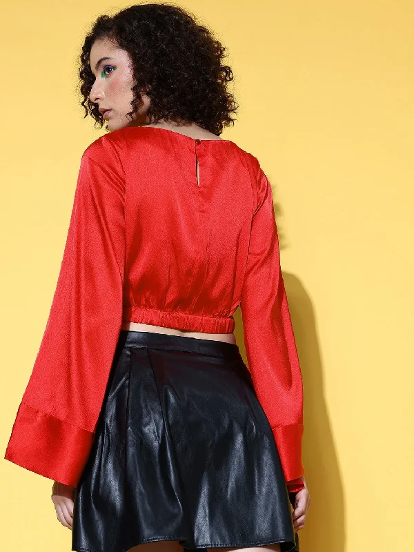 Women Red Gold Satin Flared Sleeve Crop Top