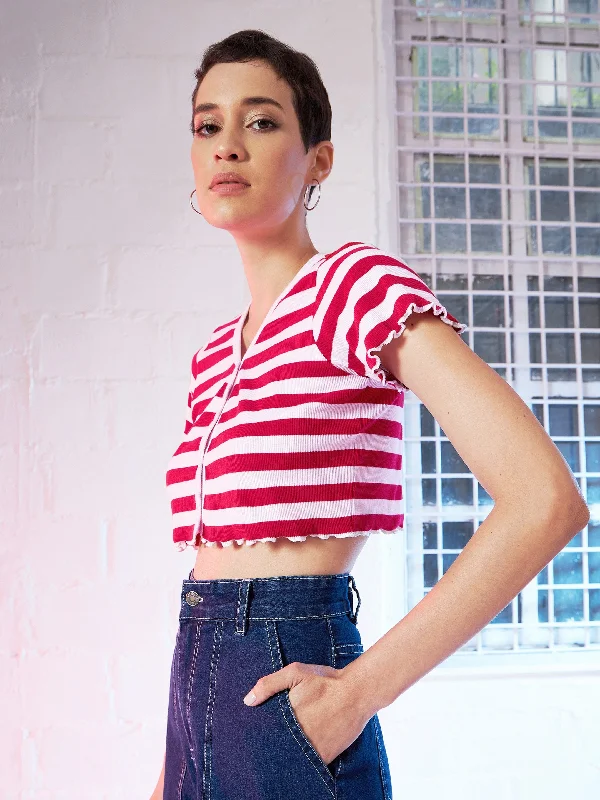 Women Red & Pink Stripes V-Neck Rib Crop Top