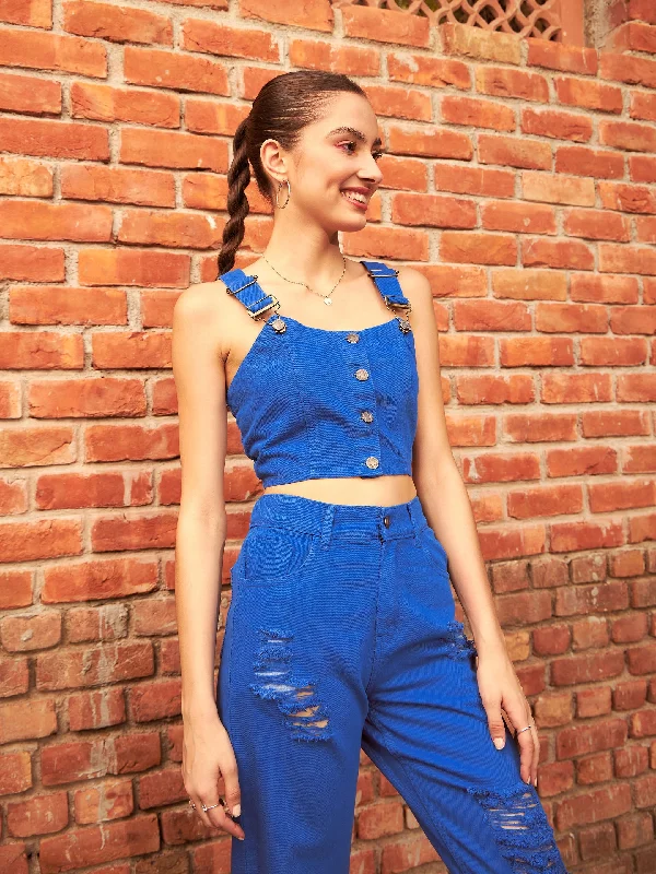 Women Royal Blue Denim Cropped Bustier Top