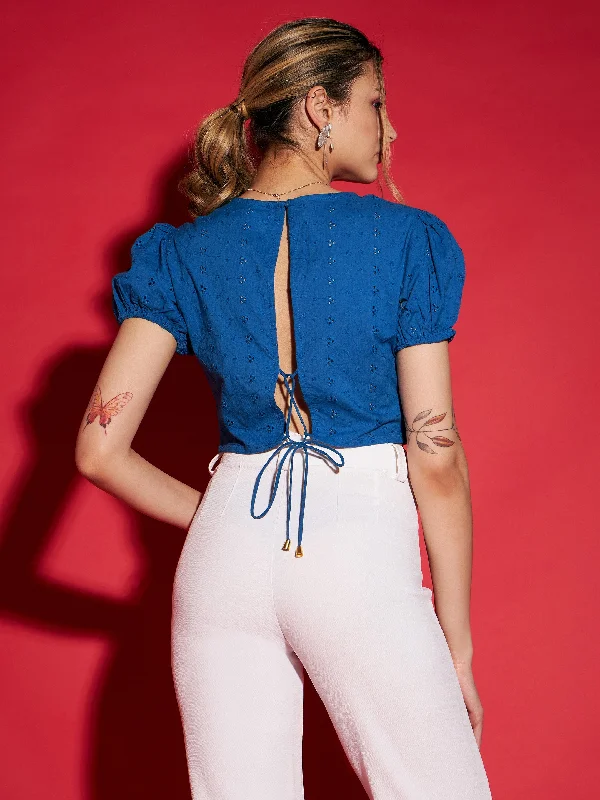 Women Royal Blue Schiffli Back-Tie Crop Top