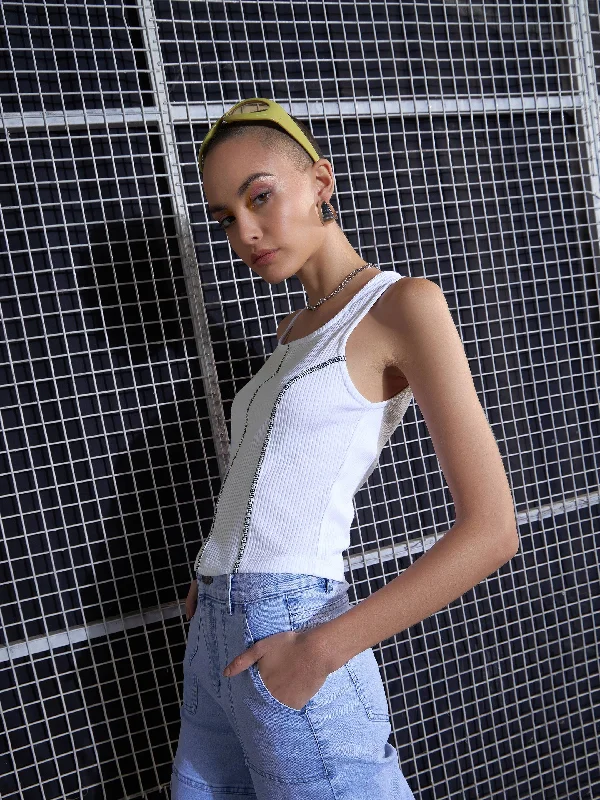 Women White Rib Contrast Stitch Crop Top