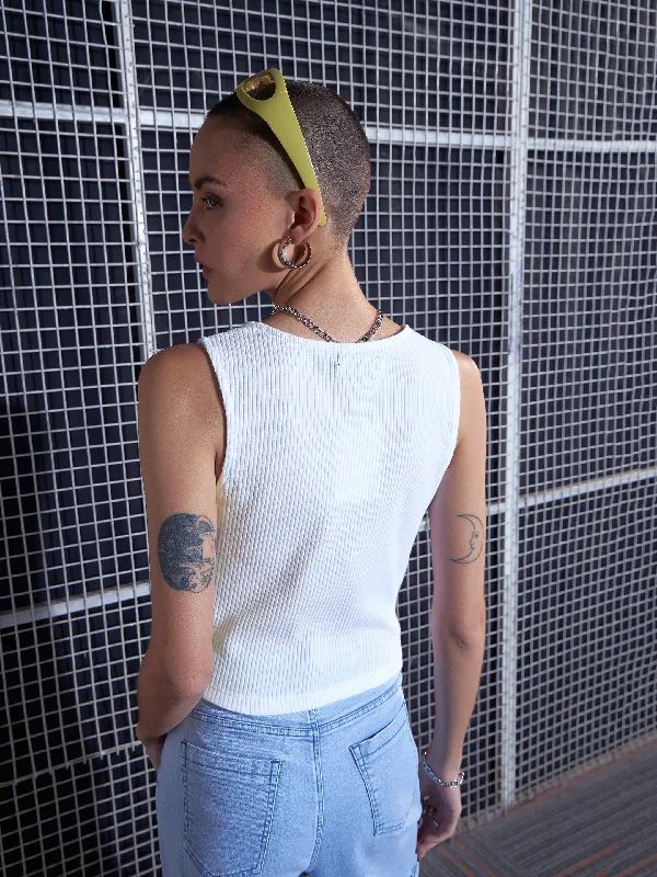 Women White Rib Contrast Stitch Crop Top