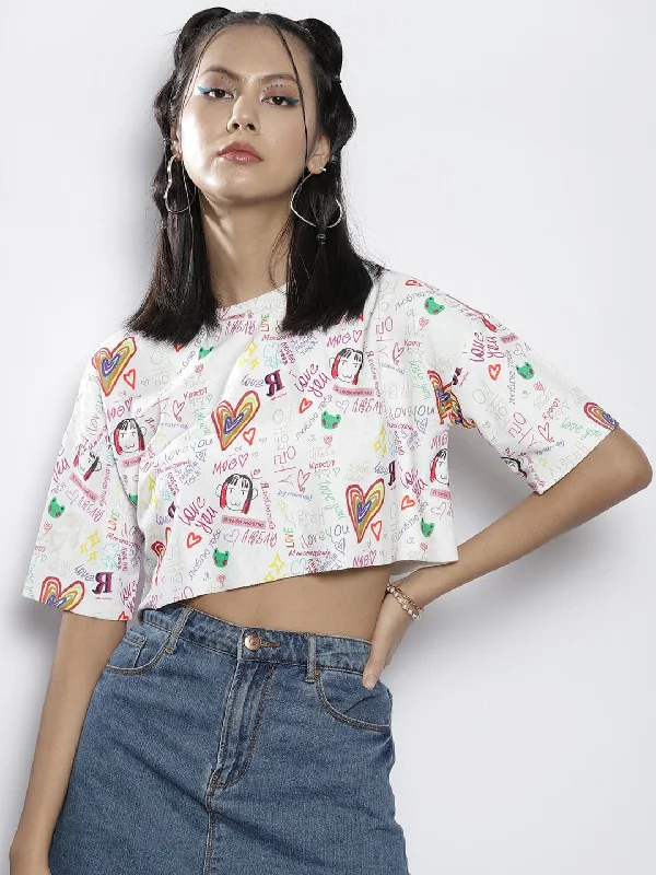 Women White Text Print Boxy Crop Top