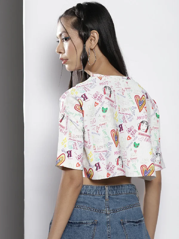 Women White Text Print Boxy Crop Top