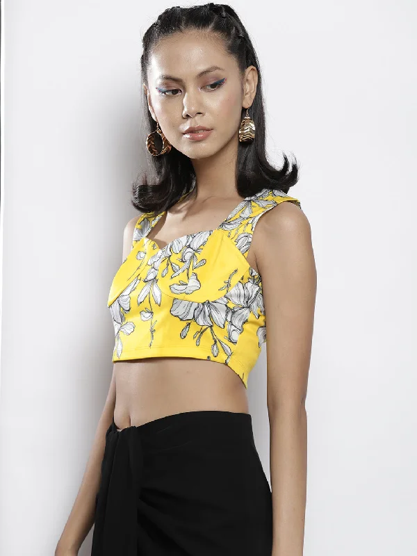 Women Yellow Floral Scuba Sweetheart Neck Crop Top