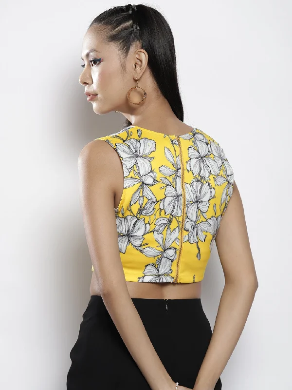 Women Yellow Floral Scuba Sweetheart Neck Crop Top