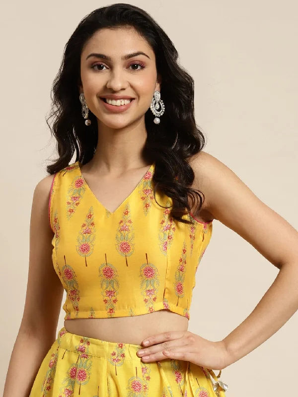 Women Yellow Floral Sleeveless Crop Top