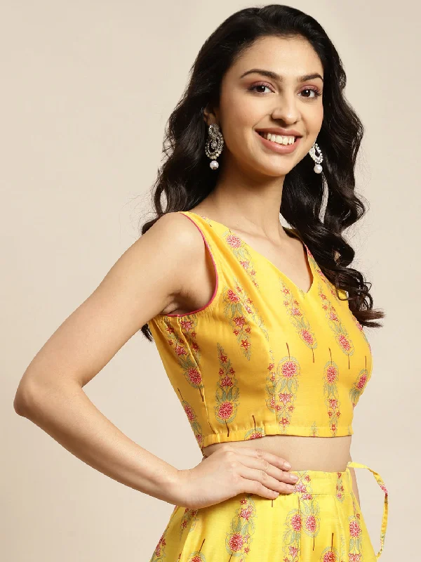 Women Yellow Floral Sleeveless Crop Top