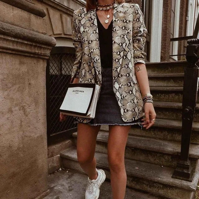 2018 Women England Style Snake Print Blazer Pockets Notched Collar Long Sleeve Coat Female Outerwear