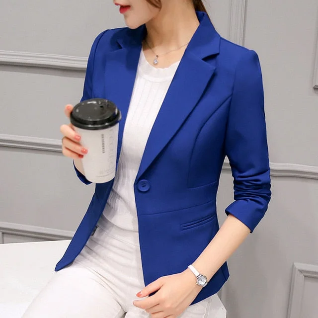 PEONFLY Ladies Blazers 2018 New Fashion Single Button Blazer Women Suit Jacket bule/red Blaser Female Blazer Femme