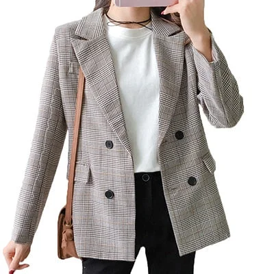 Plaid Blazer Women 2018 Double Breasted Winter Coat Woman Blazers Feminino Casual Work Suit Long Sleeve Jacket Mujer Chic Cotton