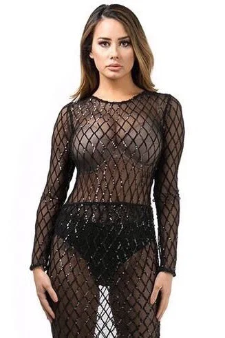 Sarahi, Long sleeve mesh bodysuit with sequence pattern detail.