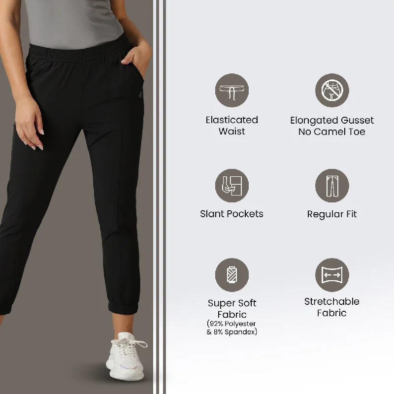 Women's Solid Running Black Track Pants with Elasticated waist & Pockets